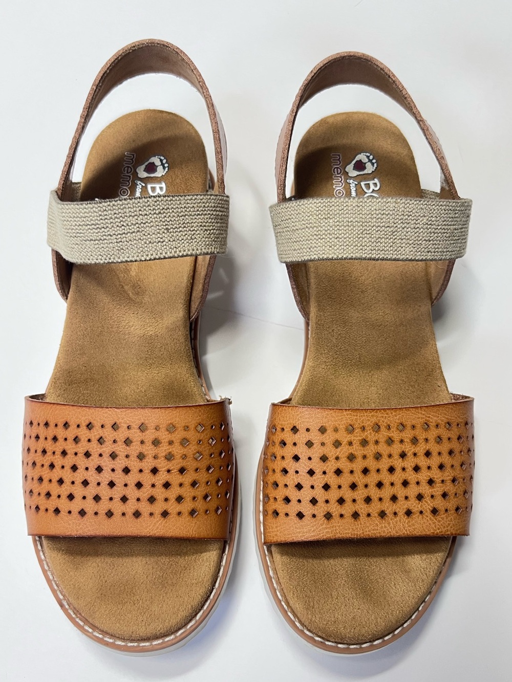 BOBS by Skechers Cork Wedge Sandals Tan Perforated Slingback Size 9